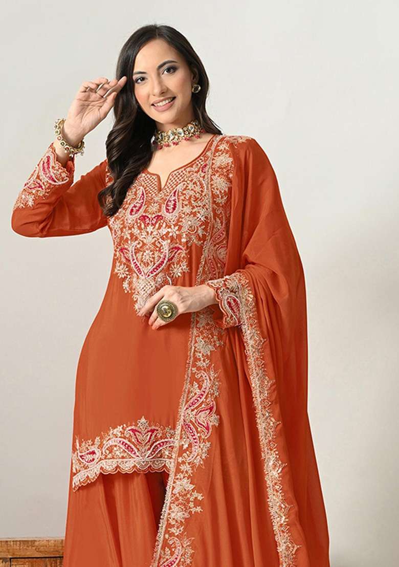 Orange Embroidered Silk Kurta Set - Indya