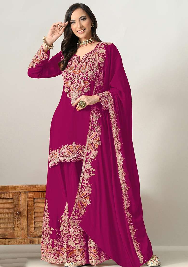 Red Embroidered Silk Kurta Set - Indya
