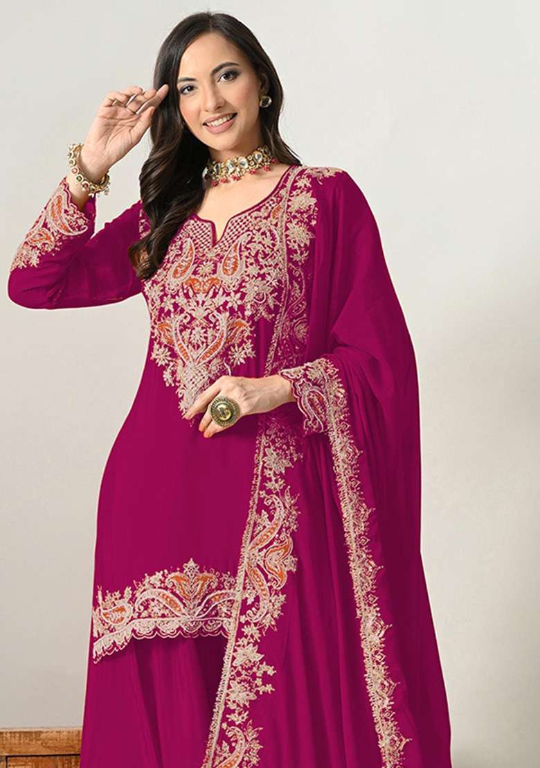 Red Embroidered Silk Kurta Set - Indya