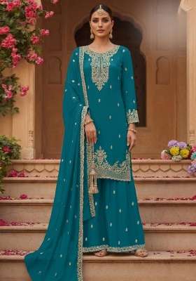 Teal Blue Embroidered Georgette Kurta Set