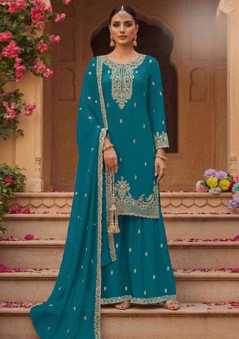 Teal Blue Embroidered Georgette Kurta Set - Indya
