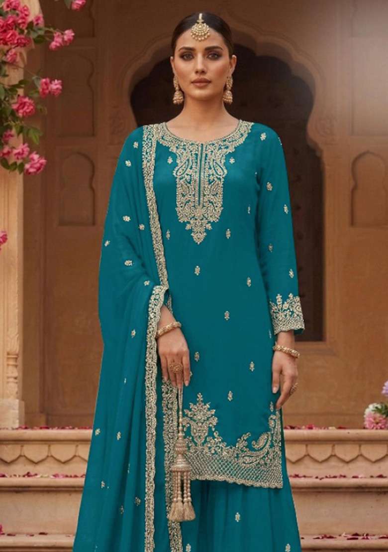 Teal Blue Embroidered Georgette Kurta Set - Indya