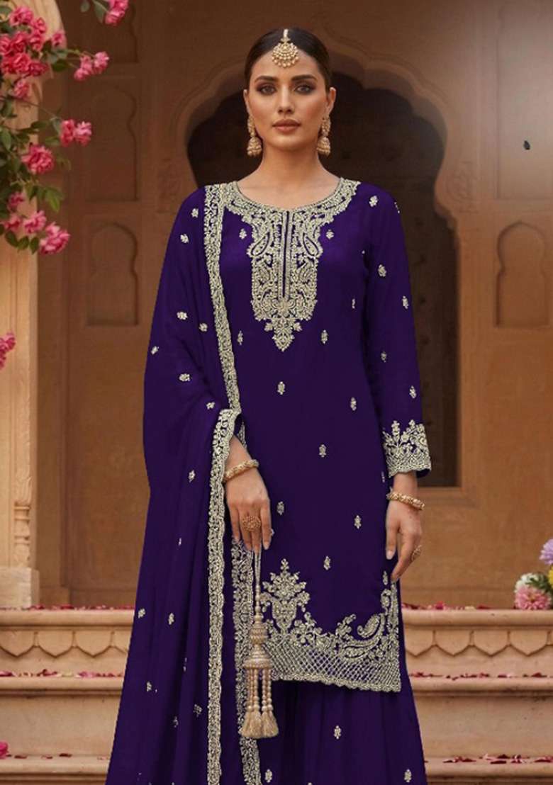 Violet Embroidered Georgette Kurta Set - Indya