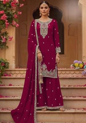 Red Embroidered Georgette Kurta Set