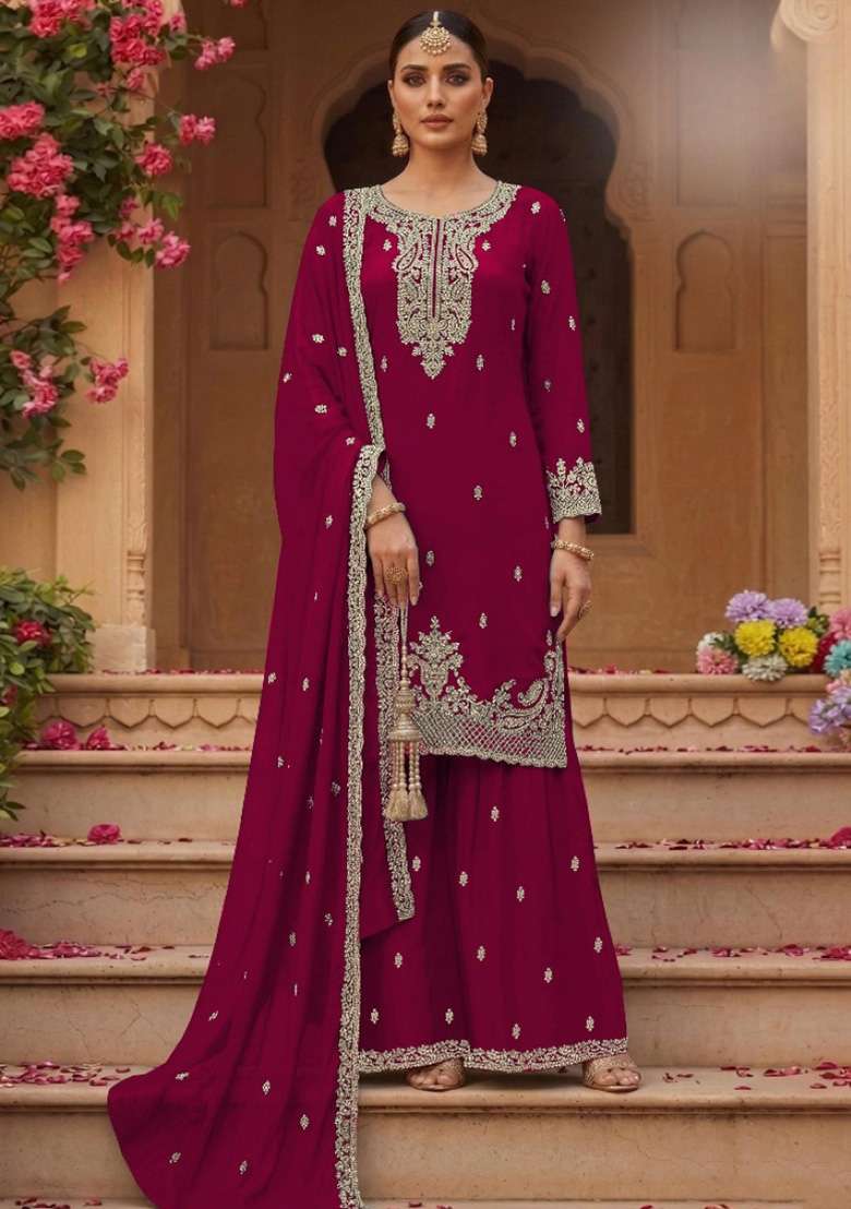 Red Embroidered Georgette Kurta Set - Indya