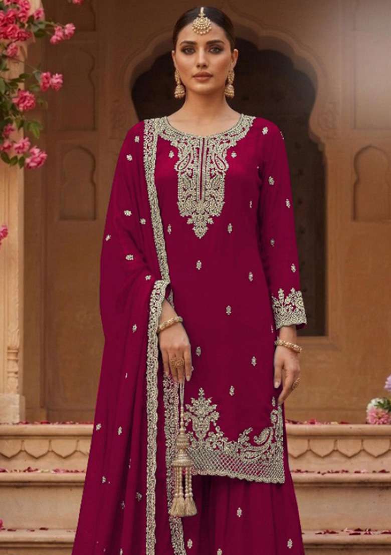 Red Embroidered Georgette Kurta Set - Indya