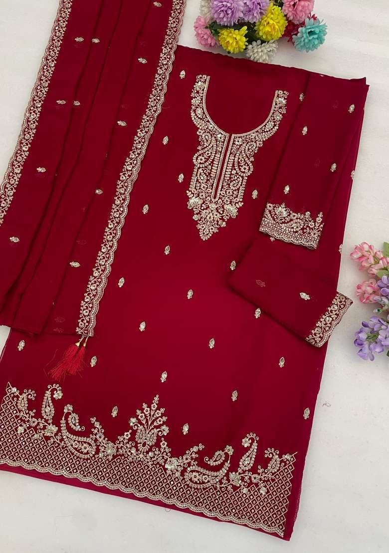 Red Embroidered Georgette Kurta Set - Indya