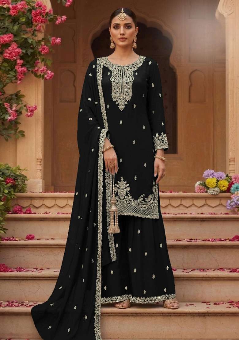 Black Embroidered Georgette Kurta Set - Indya