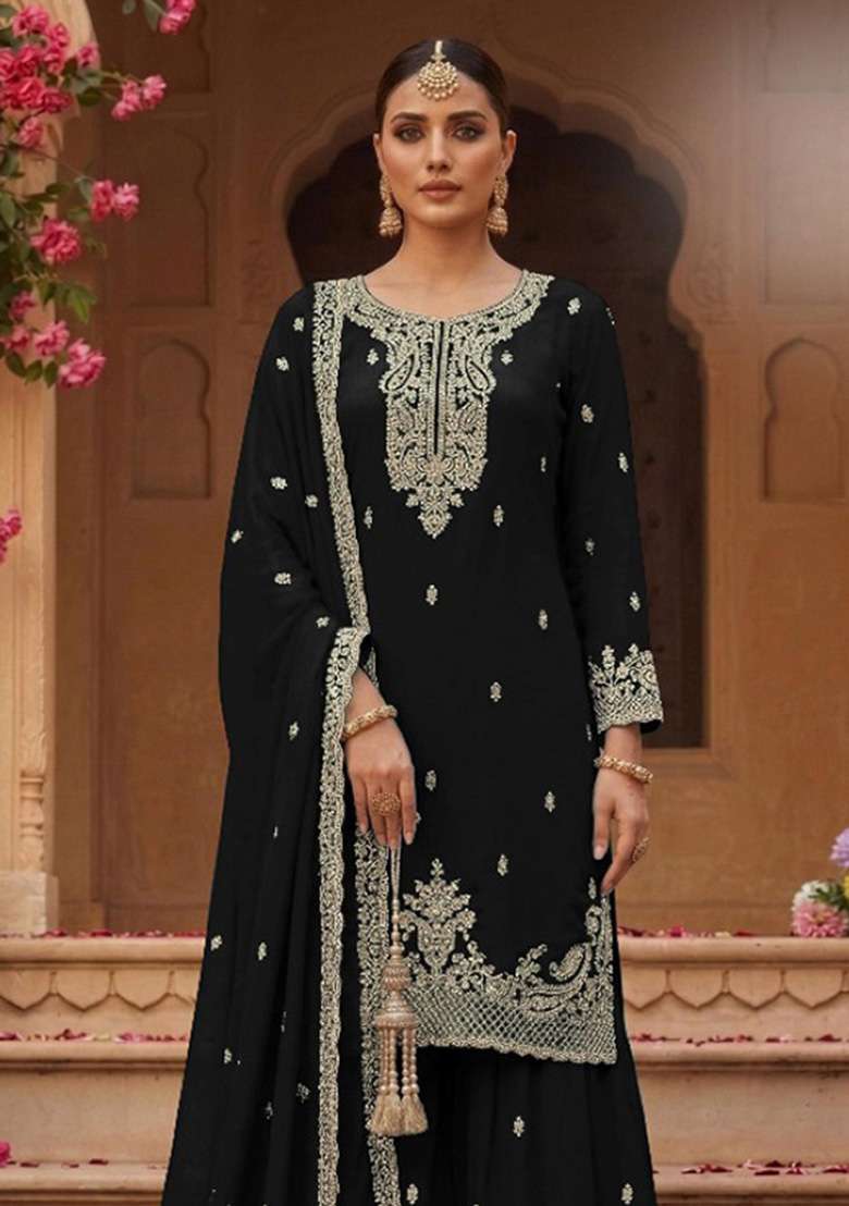 Black Embroidered Georgette Kurta Set - Indya