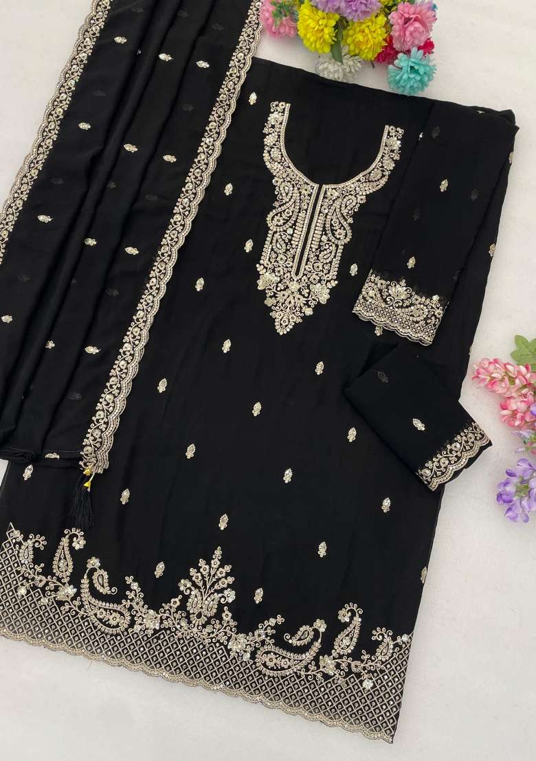 Black Embroidered Georgette Kurta Set - Indya