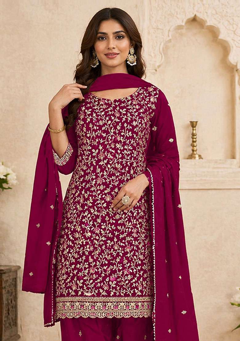 Maroon Embroidered Georgette Kurta Set - Indya