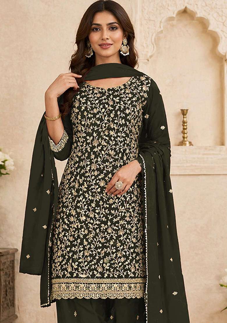Mehendi Embroidered Georgette Kurta Set - Indya