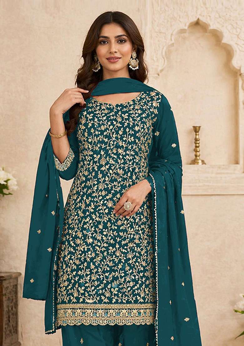 Blue Embroidered Georgette Kurta Set - Indya