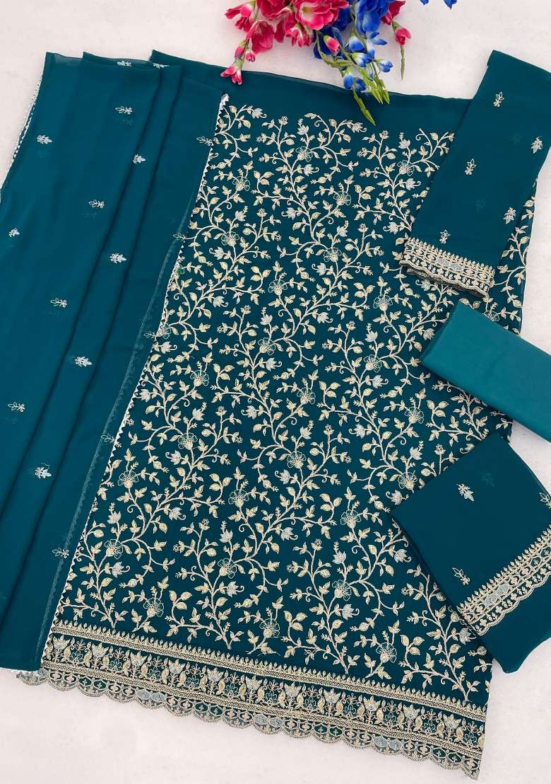 Blue Embroidered Georgette Kurta Set - Indya