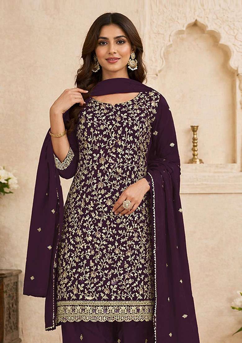 Purple Embroidered Georgette Kurta Set - Indya