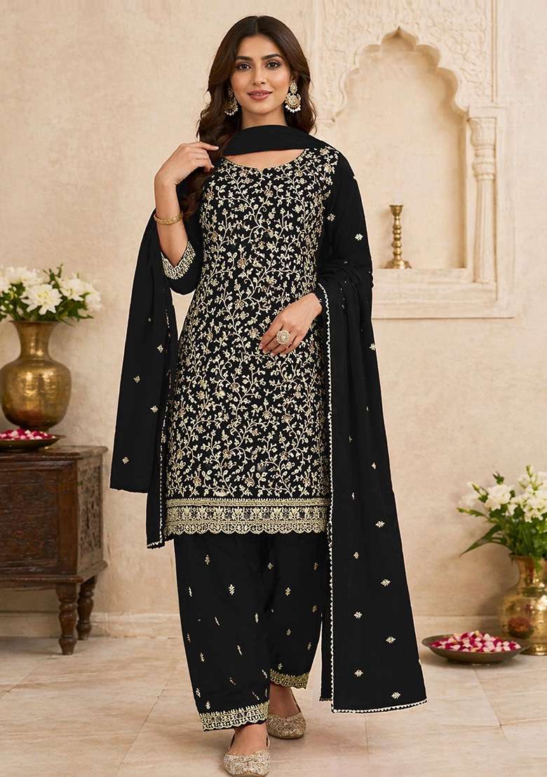 Black Embroidered Georgette Kurta Set - Indya