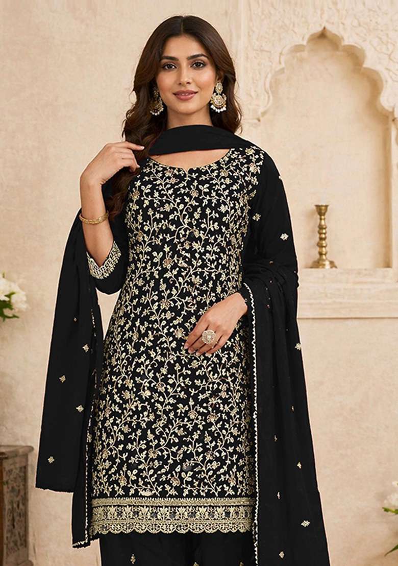 Black Embroidered Georgette Kurta Set - Indya