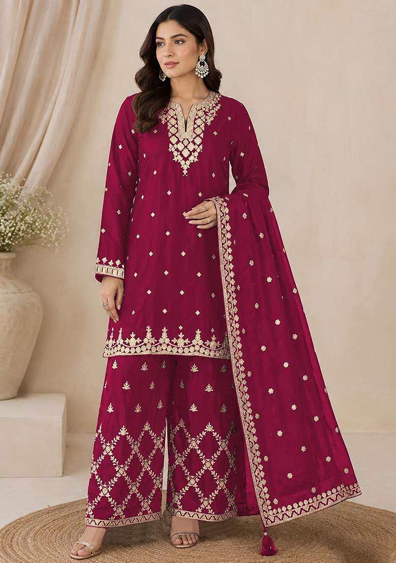 Red Embroidered Silk Kurta Set - Indya
