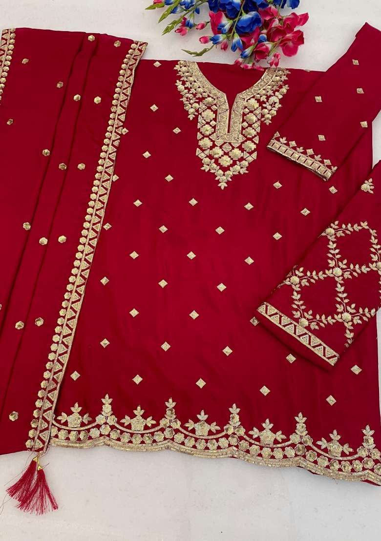 Red Embroidered Silk Kurta Set - Indya