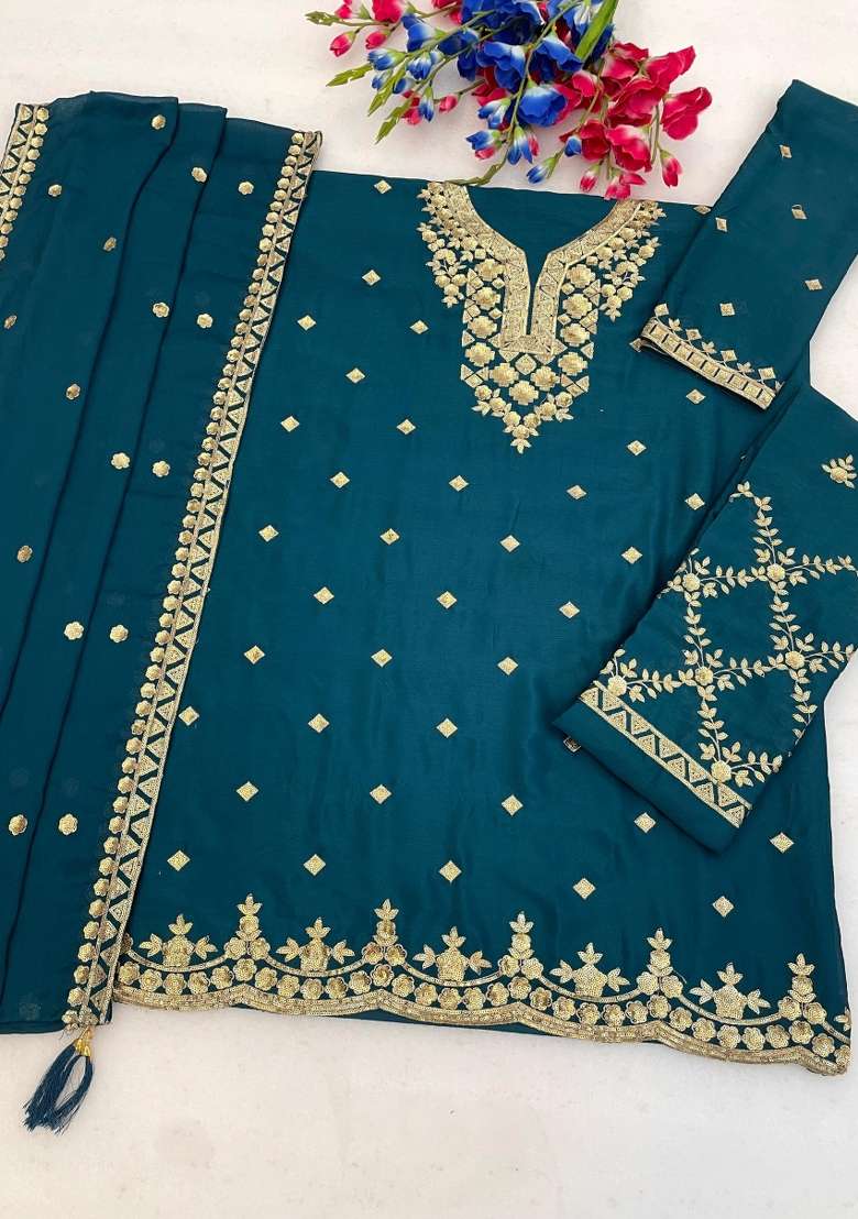 Teal Blue Embroidered Silk Kurta Set - Indya