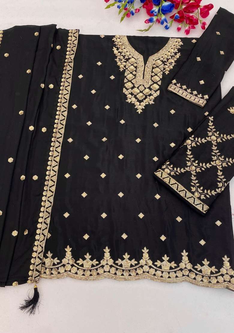 Black Embroidered Silk Kurta Set - Indya