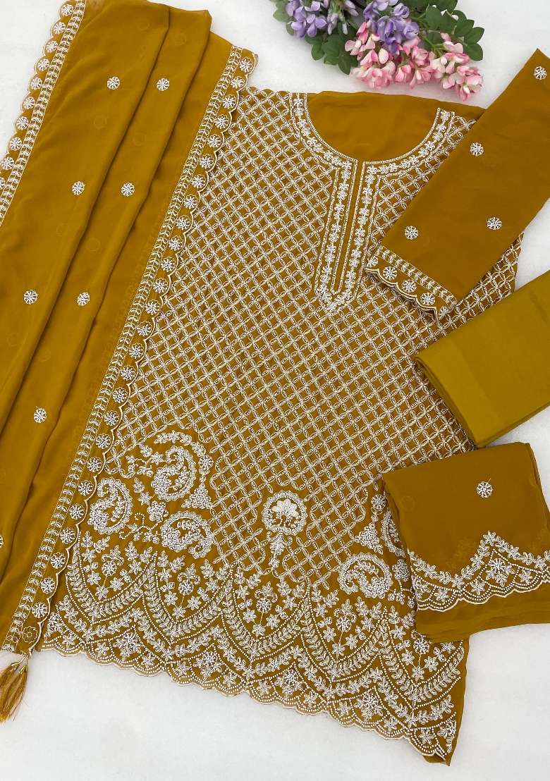 Yellow Embroidered Georgette Kurta Set - Indya