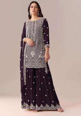 Dark Purple Embroidered Georgette Kurta Set