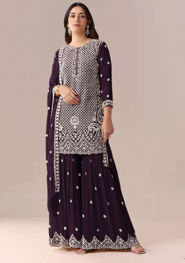 Dark Purple Embroidered Georgette Kurta Set - Indya