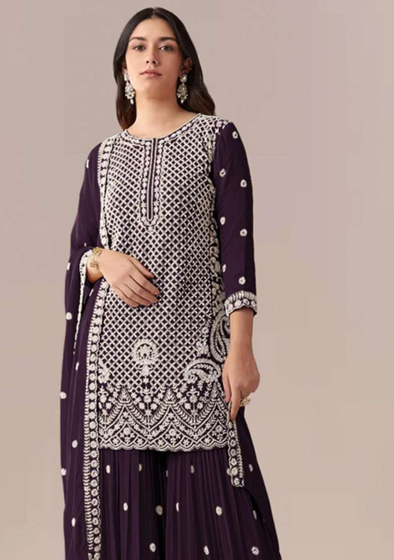 Dark Purple Embroidered Georgette Kurta Set - Indya