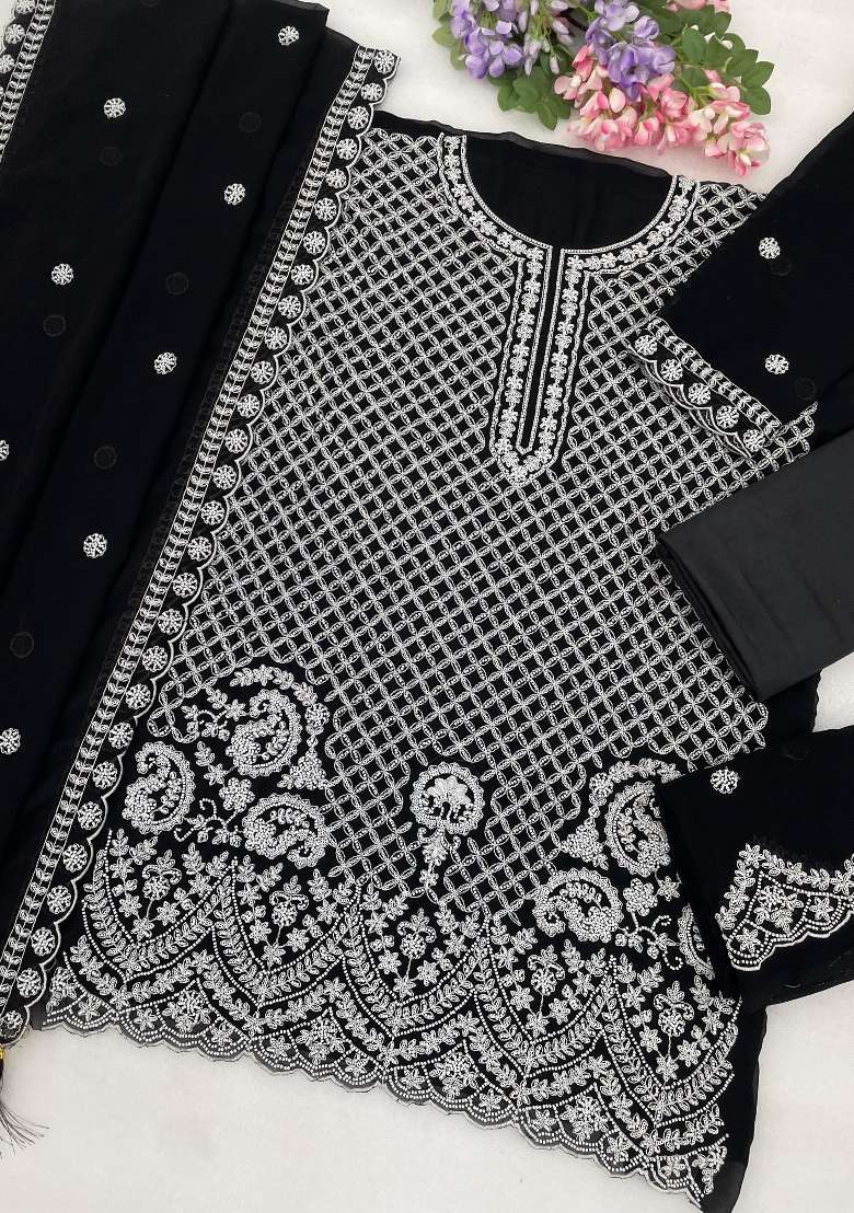 Black Embroidered Georgette Kurta Set - Indya