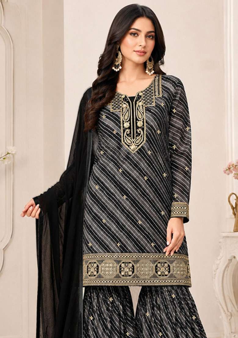 Black Embroidered Georgette Kurta Set - Indya