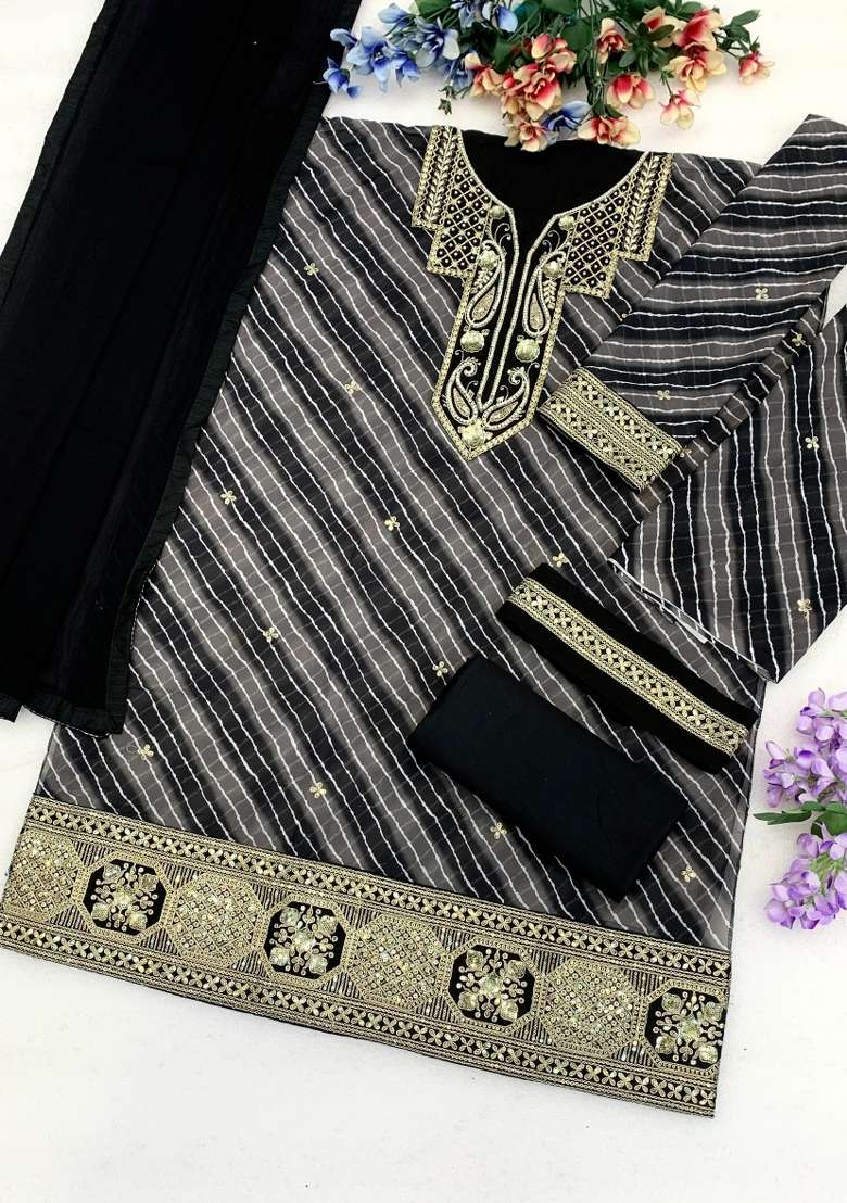 Black Embroidered Georgette Kurta Set - Indya
