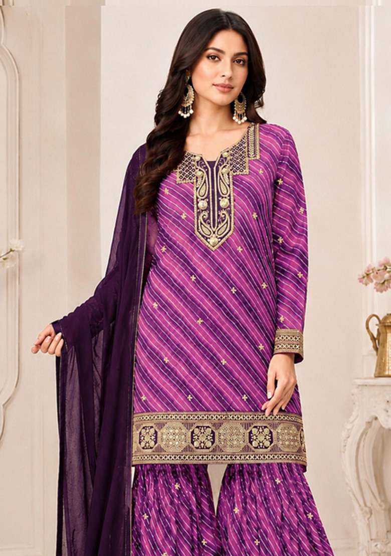 Purple Embroidered Georgette Kurta Set - Indya