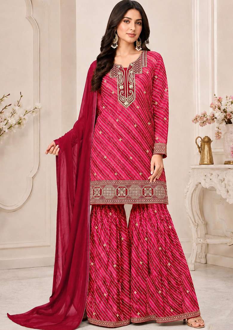 Red Embroidered Georgette Kurta Set - Indya