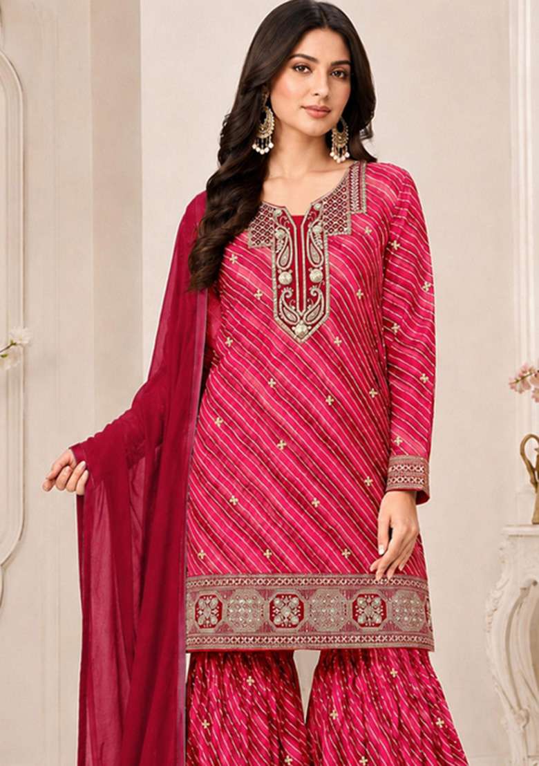 Red Embroidered Georgette Kurta Set - Indya