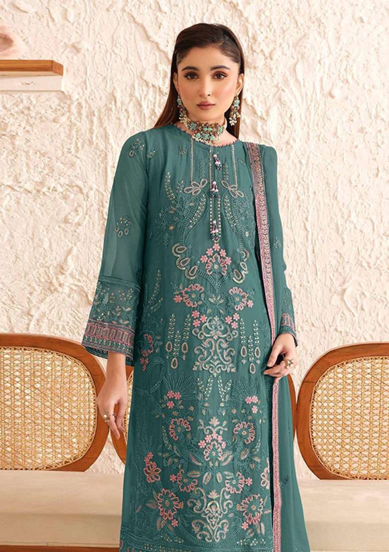 Green Embroidered Georgette Kurta Set - Indya