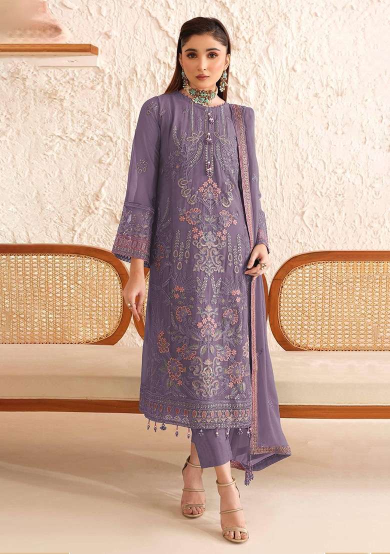Purple Embroidered Georgette Kurta Set - Indya