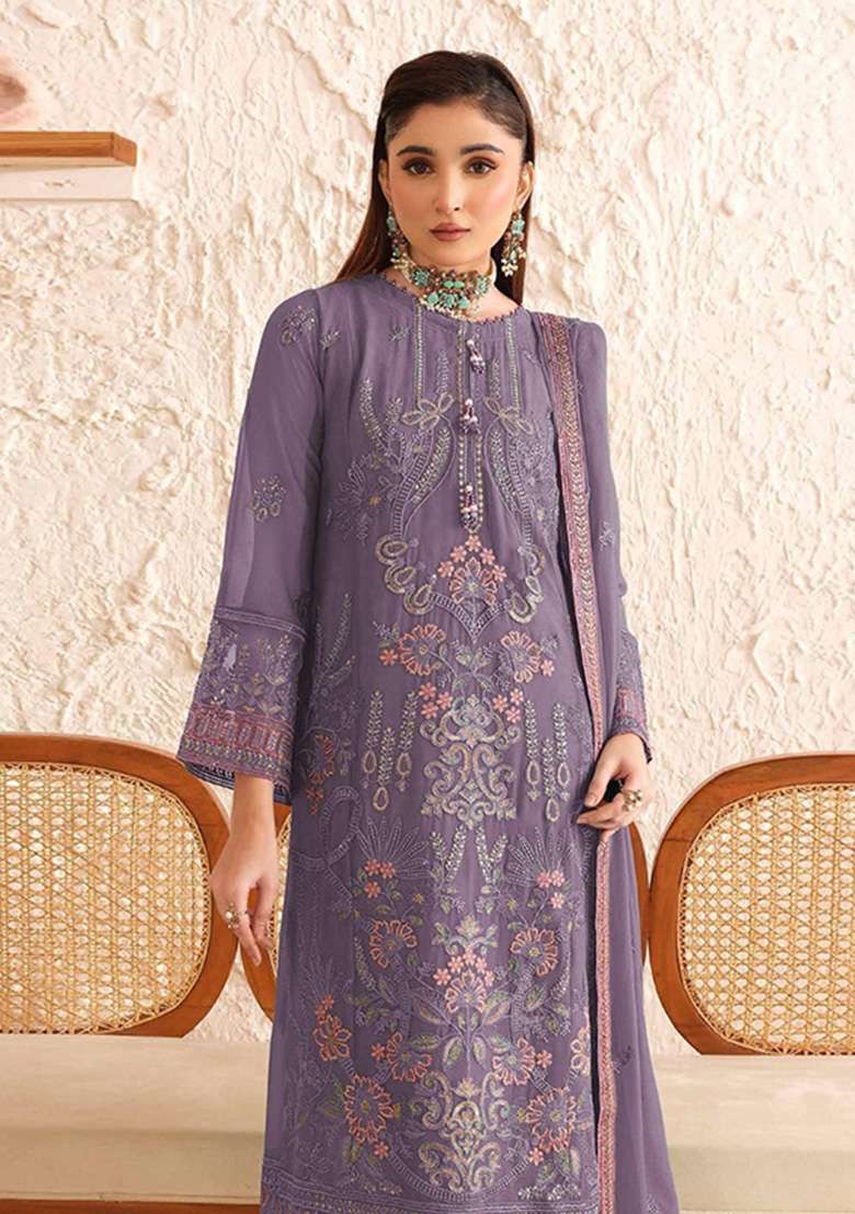 Purple Embroidered Georgette Kurta Set - Indya
