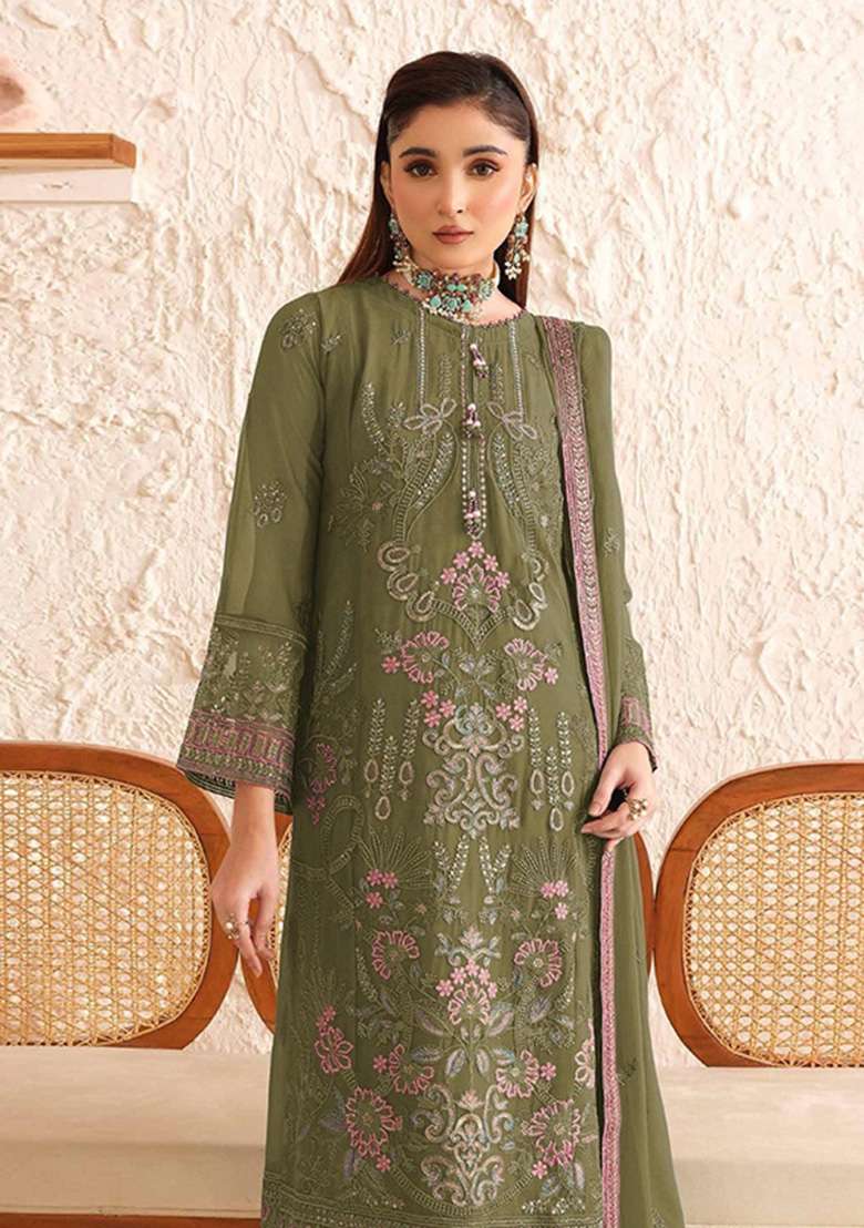 Mehendi Embroidered Georgette Kurta Set - Indya
