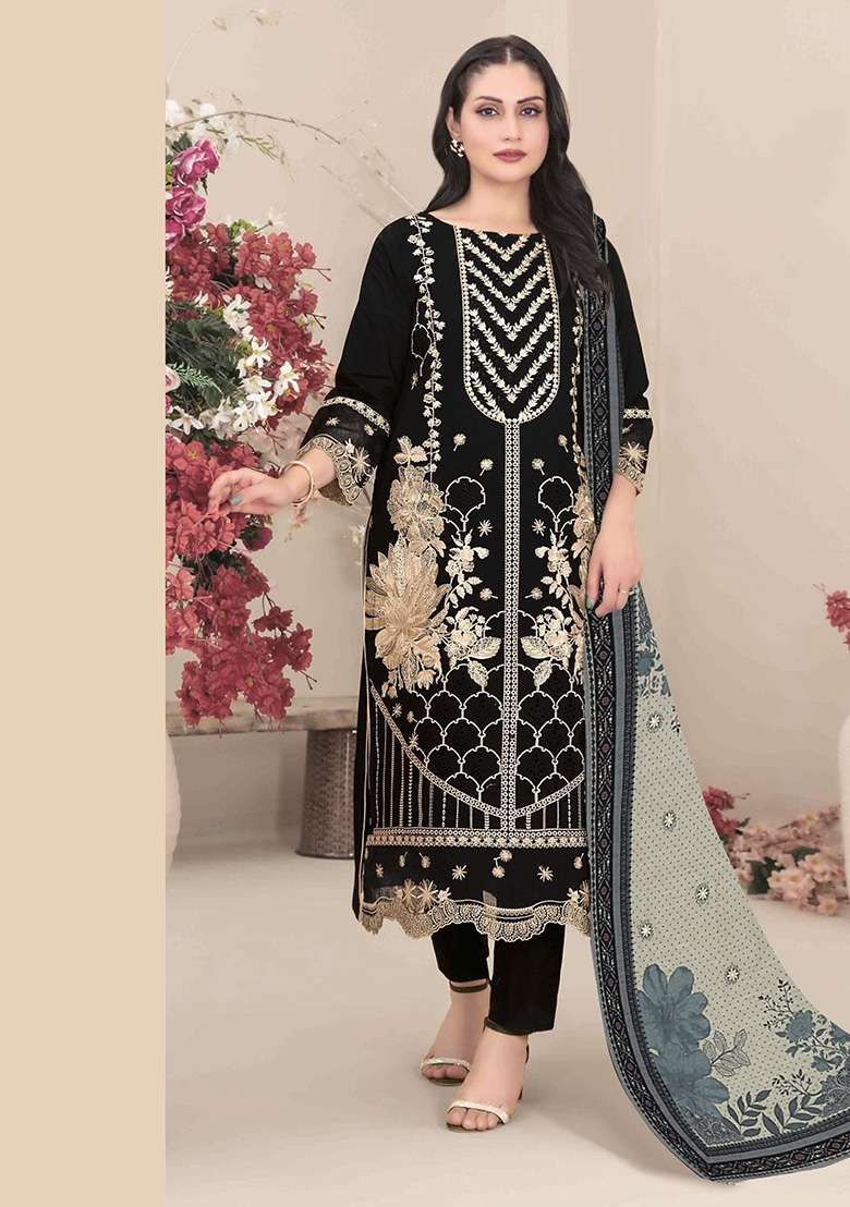 Black Embroidered Georgette Kurta Set - Indya