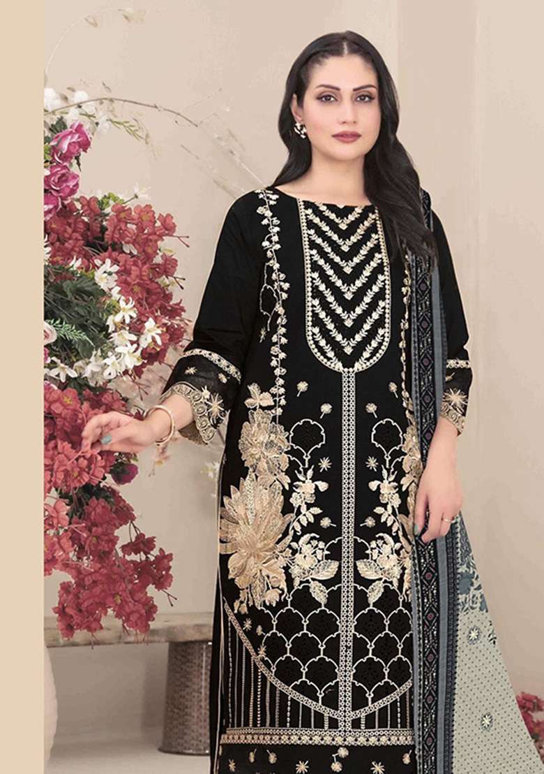 Black Embroidered Georgette Kurta Set - Indya