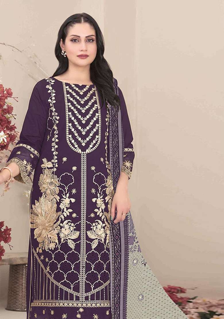 Violet Embroidered Georgette Kurta Set - Indya
