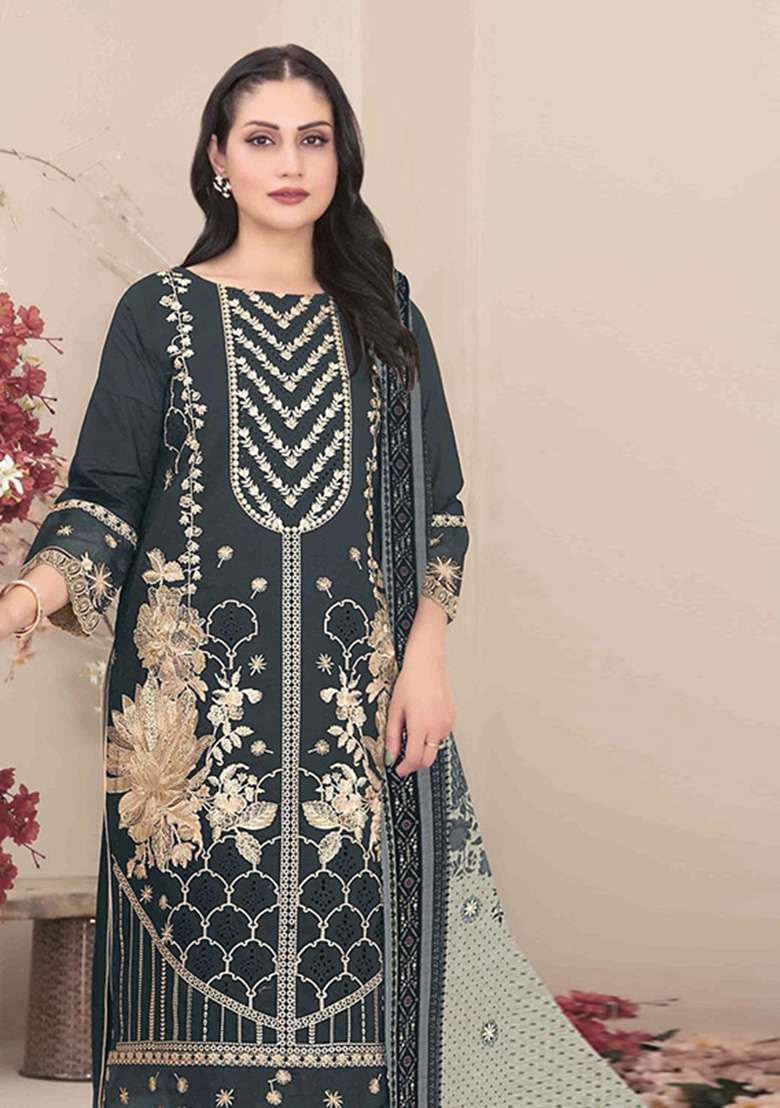 Navy Blue Embroidered Georgette Kurta Set - Indya