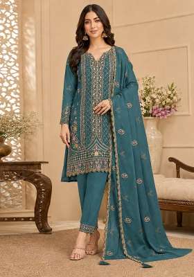 Teal Blue Embroidered Silk Kurta Set