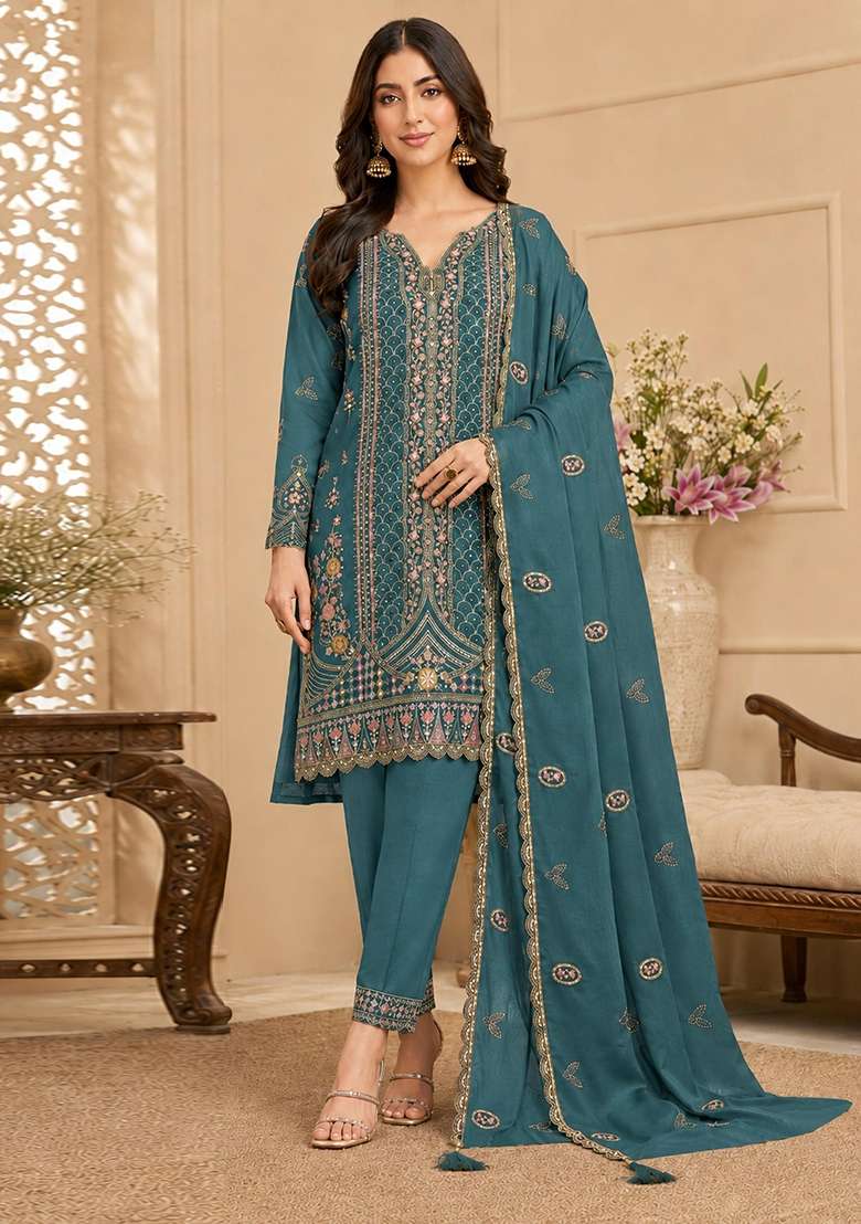 Teal Blue Embroidered Silk Kurta Set - Indya