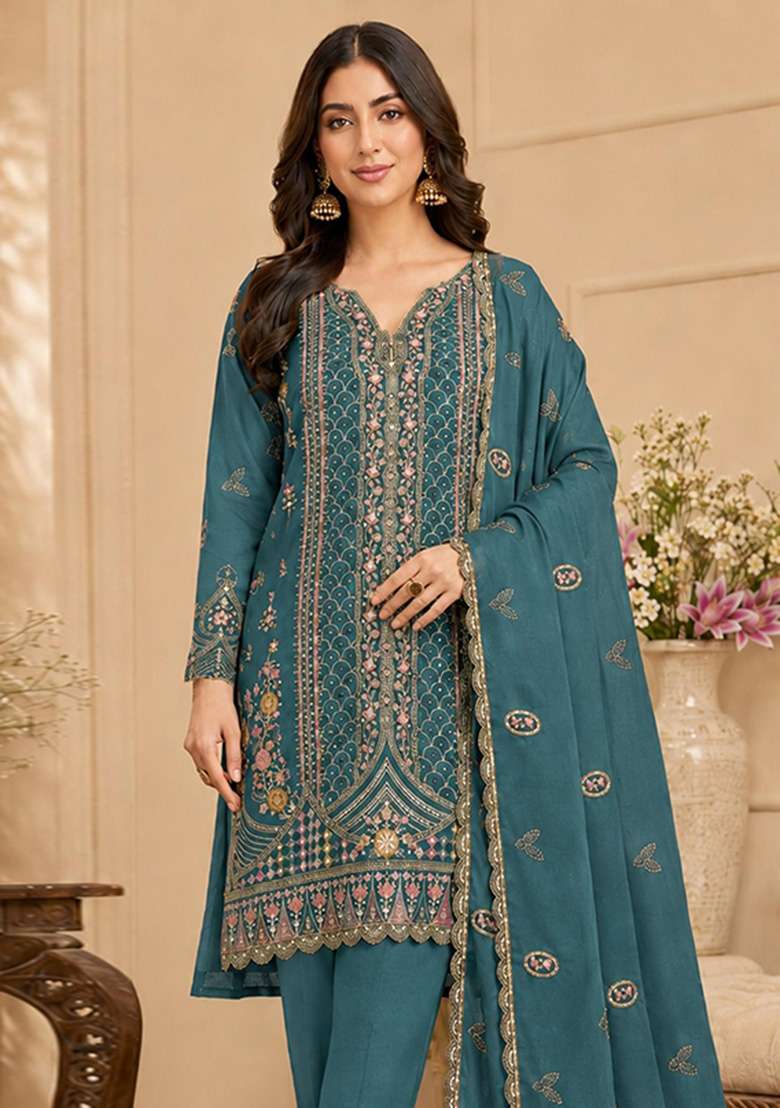 Teal Blue Embroidered Silk Kurta Set - Indya