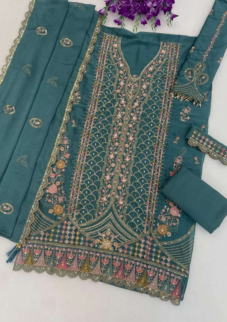 Teal Blue Embroidered Silk Kurta Set - Indya