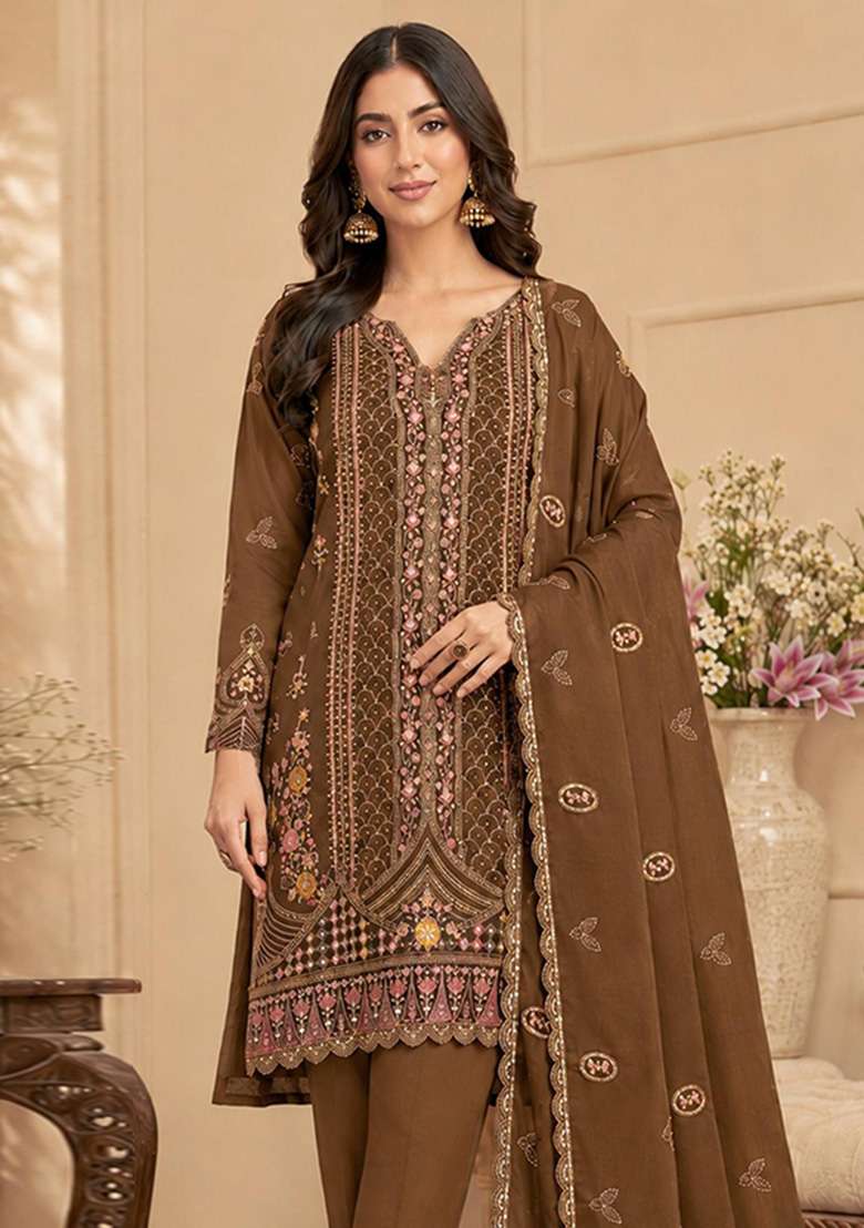 Brown Embroidered Silk Kurta Set - Indya