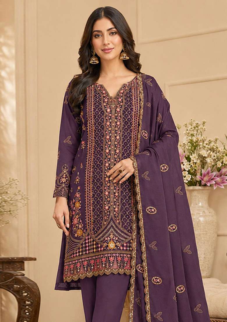 Purple Embroidered Silk Kurta Set - Indya