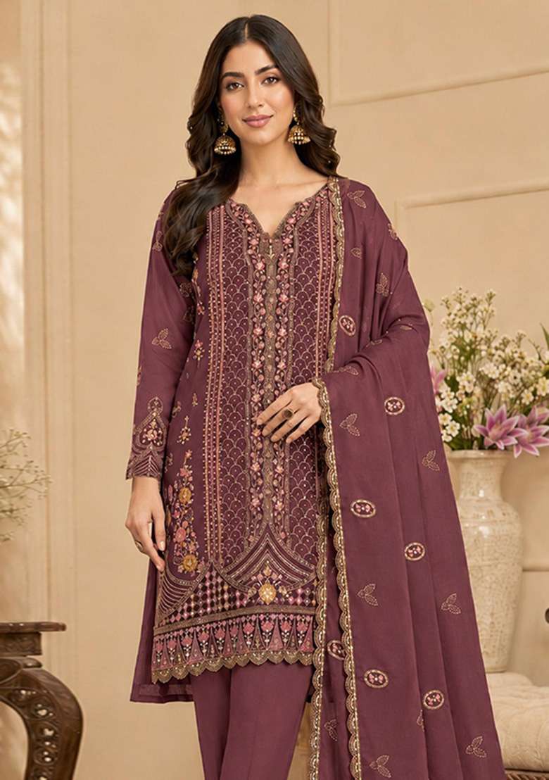 Wine Embroidered Silk Kurta Set - Indya